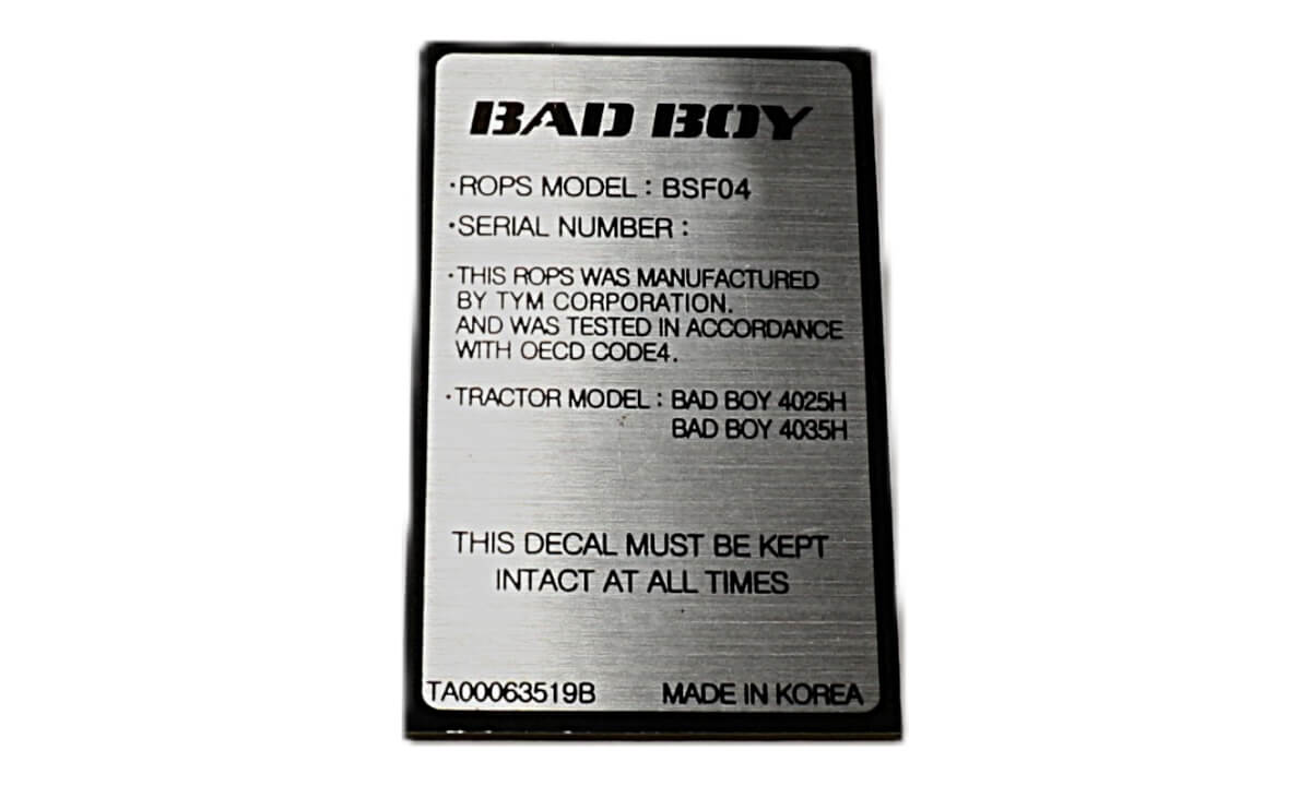 Bad Boy Part #TA00063519A - Name Plate, Rops